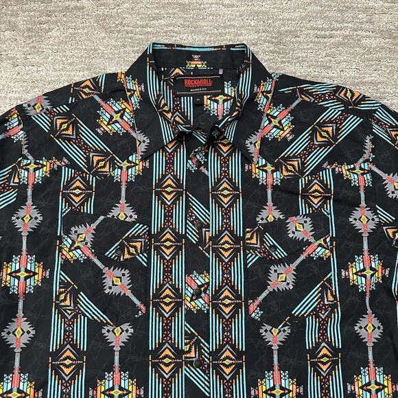 Rock & Roll Cowboy Shirt Mens XL Black Aztec Western Pearl Snap Retro Rodeo - Picture 2 of 12